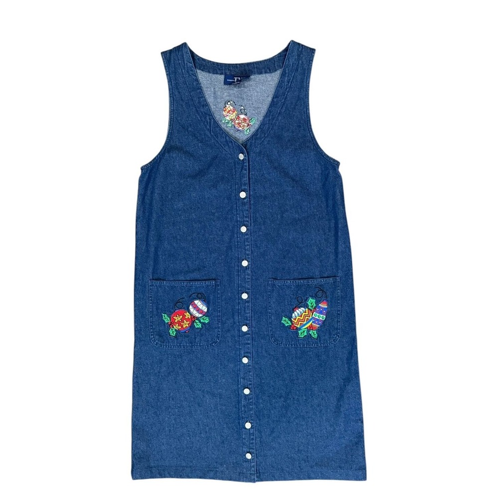 Vintage Christmas Denim Jumper Dress Womens 12 Embroidered Teacher‎ Midi - Picture 14 of 16